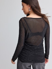 Black Slash Neck Embellished Sparkle Long Sleeve Top - Image 3 of 9