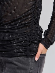 Black Slash Neck Embellished Sparkle Long Sleeve Top - Image 6 of 9