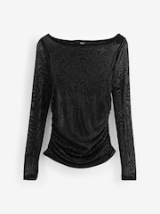 Black Slash Neck Embellished Sparkle Long Sleeve Top - Image 7 of 9