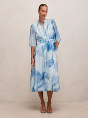 Forever New Blue Lorena Button Front Midi Dress Contains Linen - Image 1 of 4