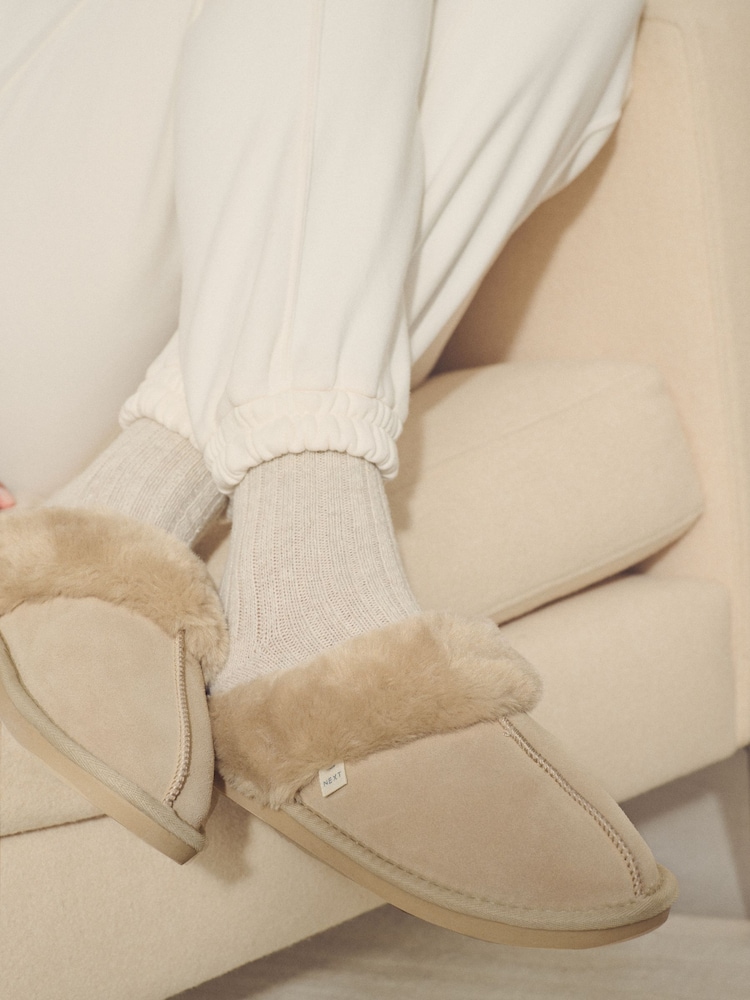 Sand Suede Faux Fur Lined Mule Slippers - Image 3 of 9