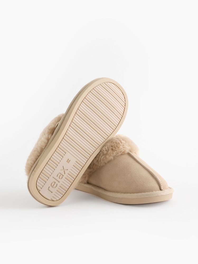 Sand Suede Faux Fur Lined Mule Slippers - Image 7 of 9