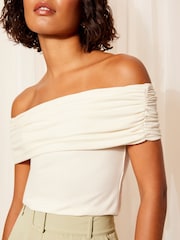 Friends Like These Ivory White Short Sleeve Jersey Cotton Ribbed Bardot Neck Top - Image 1 of 4