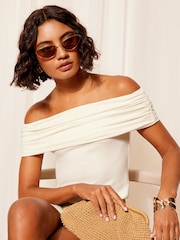 Friends Like These Ivory White Short Sleeve Jersey Cotton Ribbed Bardot Neck Top - Image 3 of 4