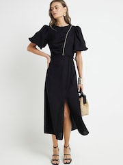 River Island Black Beaded Puff Sleeve Midi Tea Dress - Image 1 of 5