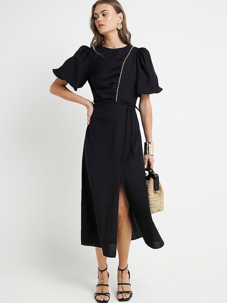 River Island Black Beaded Puff Sleeve Midi Tea Dress - Image 1 of 5