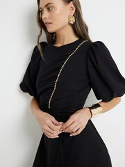 River Island Black Beaded Puff Sleeve Midi Tea Dress - Image 3 of 5