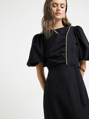 River Island Black Beaded Puff Sleeve Midi Tea Dress - Image 4 of 5