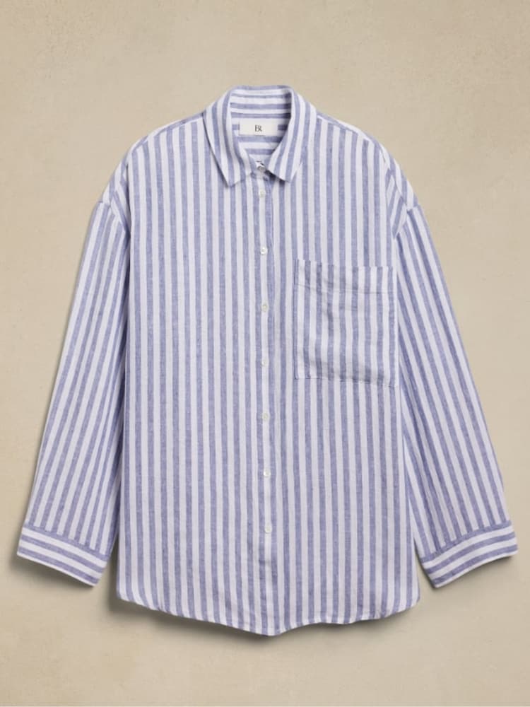 Banana Republic Blue Stripe Oversized 100% Linen Shirt - Image 4 of 4