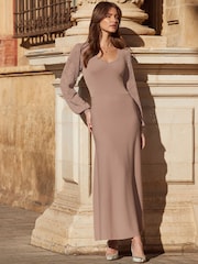 Sosandar Natural Crochet Sleeve Fit & Flare Knitted Midi Dress - Image 1 of 5