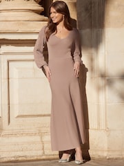 Sosandar Natural Crochet Sleeve Fit & Flare Knitted Midi Dress - Image 2 of 5