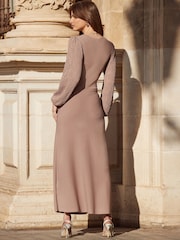Sosandar Natural Crochet Sleeve Fit & Flare Knitted Midi Dress - Image 3 of 5
