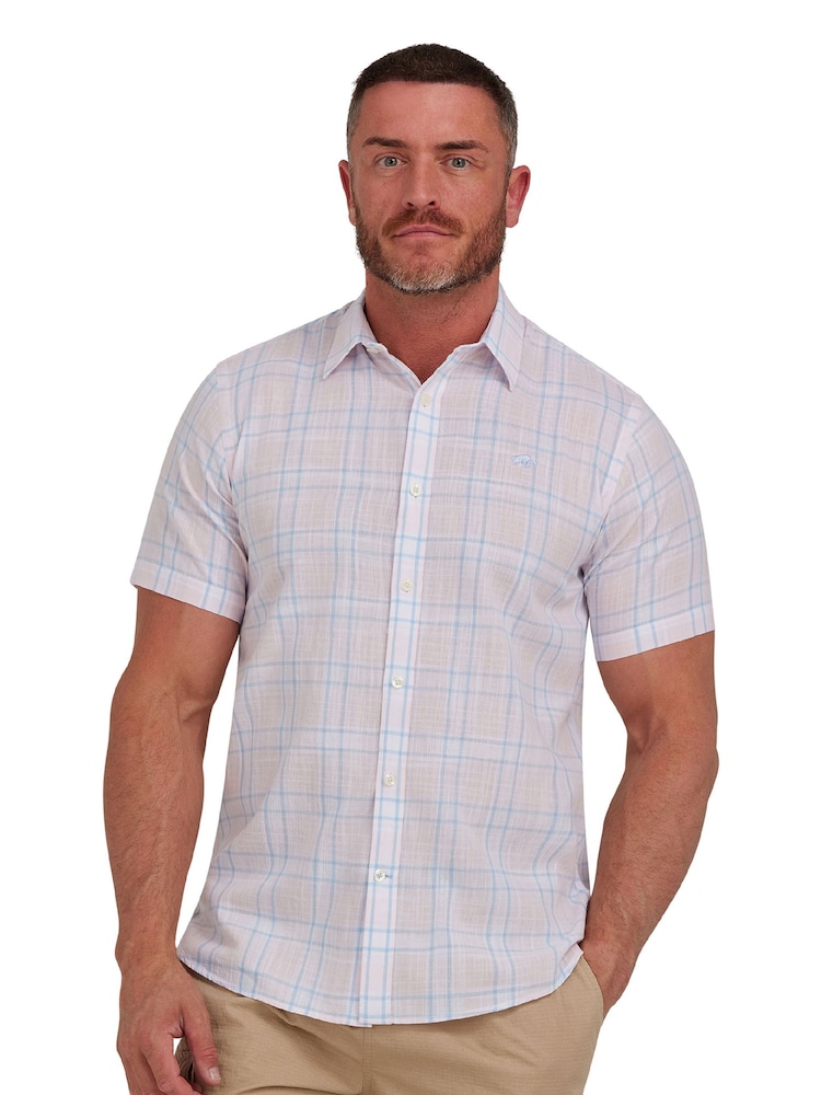 Raging Bull Pink Short Sleeve Plaid Check Linen Look Shirt - Image 1 of 9