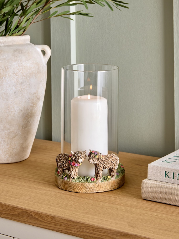 Natural Hamish The Highland Cow Floral Hurricane Candle Holder - Image 1 of 5