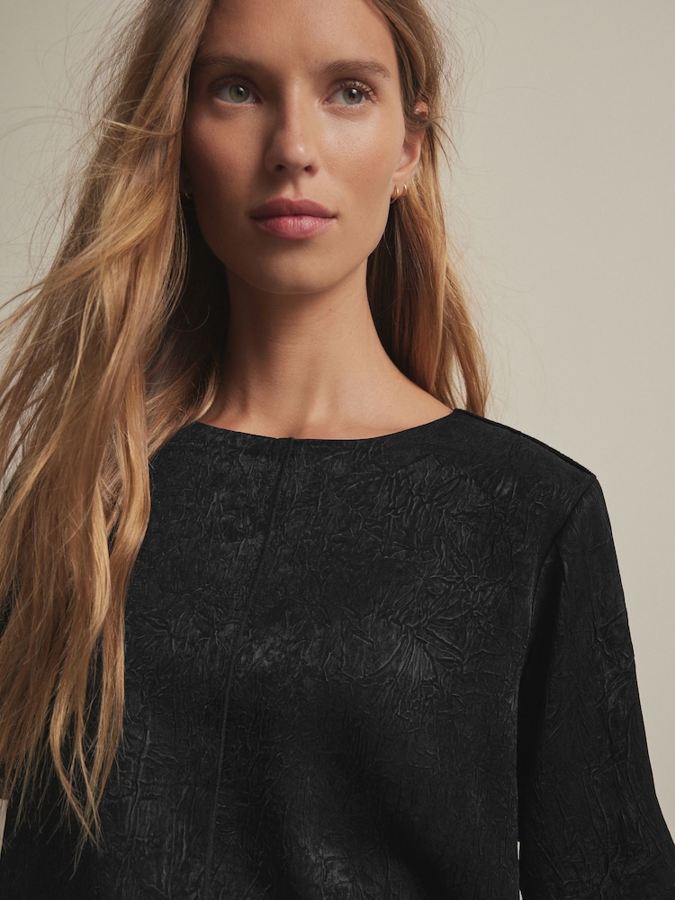 Black Satin Crinkle Textured T-Shirt - Image 1 of 7