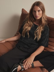 Black Satin Crinkle Textured T-Shirt - Image 2 of 7