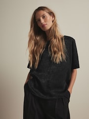 Black Satin Crinkle Textured T-Shirt - Image 3 of 7