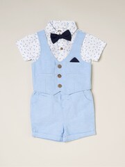 Little Gent Blue Shirt Style Bodysuit Shorts And Bowtie 100% Cotton Outfit Set - Obraz 1 z 1