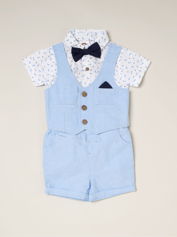 Little Gent Blue Shirt Style Bodysuit Shorts And Bowtie 100% Cotton Outfit Set - Obraz 1 z 1