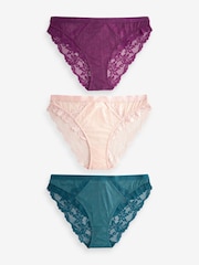 Plum Purple/Teal Blue/Light Pink High Leg Lace Trim Knickers 3 Pack - Image 1 of 9