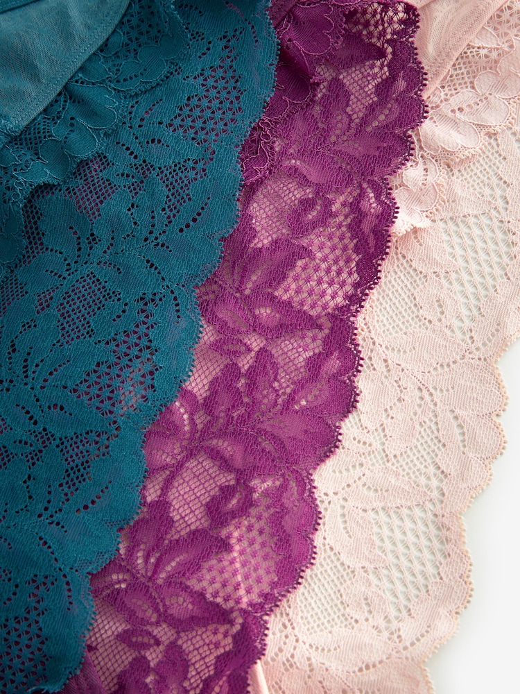 Plum Purple/Teal Blue/Light Pink High Leg Lace Trim Knickers 3 Pack - Image 9 of 9