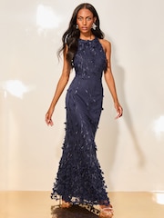 Lipsy Navy Blue Premium Halter 3D Applique Maxi Dress - Image 1 of 4