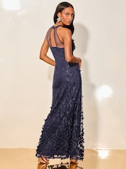 Lipsy Navy Blue Premium Halter 3D Applique Maxi Dress - Image 2 of 4