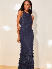 Lipsy Navy Blue Premium Halter 3D Applique Maxi Dress - Image 3 of 4