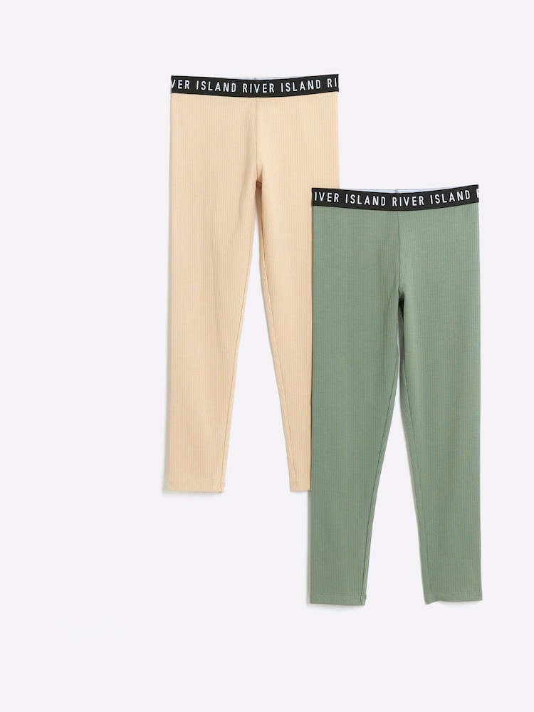 River Island Green Girls 100% Cotton Waistband Leggings 2 Pack - Image 1 of 3 River Island Green Girls 100% Cotton Waistband Leggings 2 Pack - Image 1 of 3