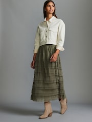 Khaki Green Mesh Tulle Midi Skirt - Image 1 of 7