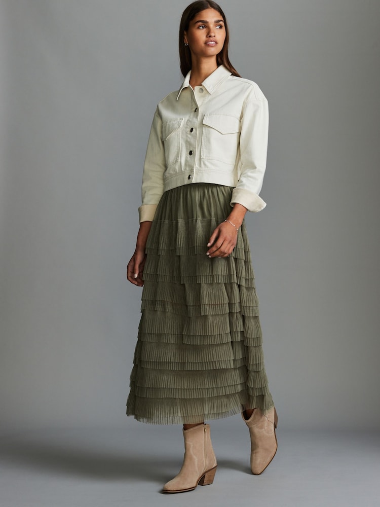 Khaki Green Mesh Tulle Midi Skirt - Image 1 of 7