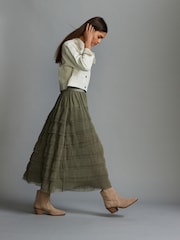 Khaki Green Mesh Tulle Midi Skirt - Image 2 of 7