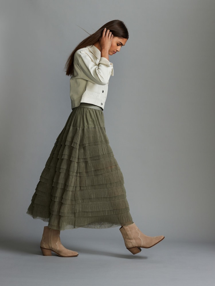 Khaki Green Mesh Tulle Midi Skirt - Image 2 of 7
