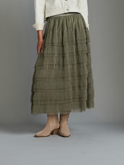Khaki Green Mesh Tulle Midi Skirt - Image 3 of 7