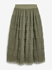 Khaki Green Mesh Tulle Midi Skirt - Image 6 of 7