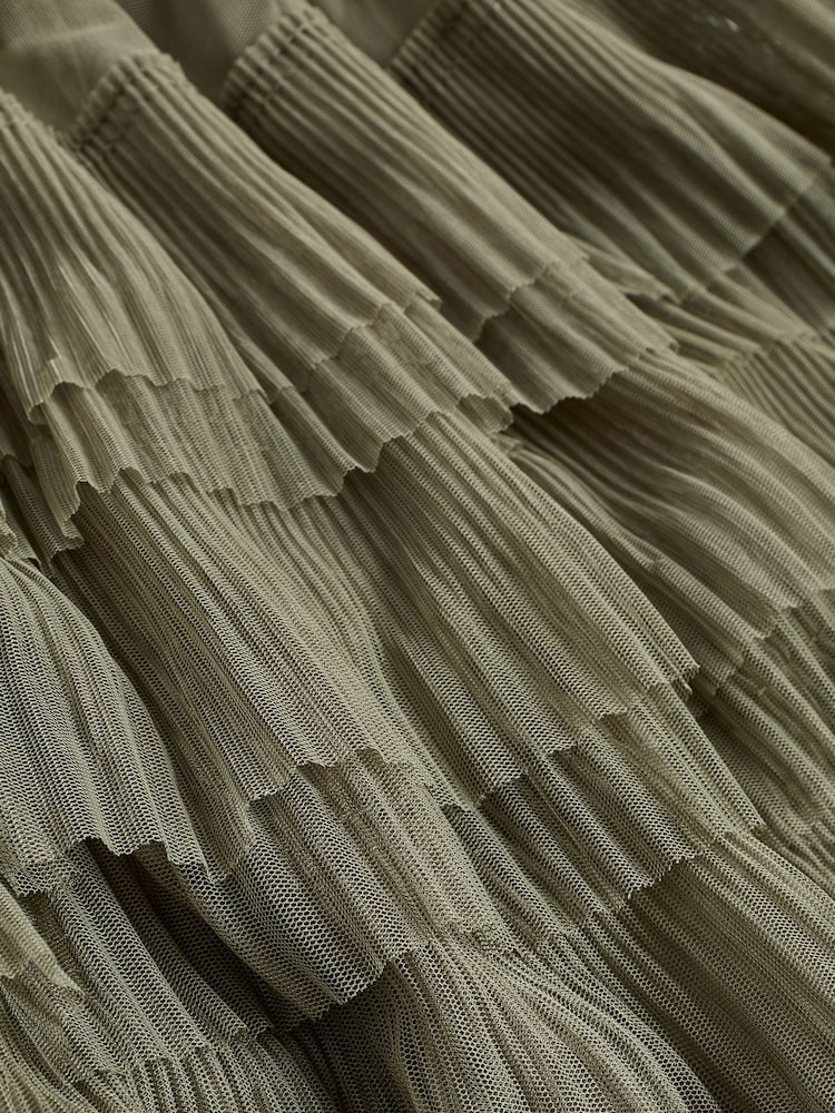Khaki Green Mesh Tulle Midi Skirt - Image 7 of 7