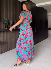 Girl In Mind Blue Rena Floral Split Hem Frill Detail Maxi Dress - Image 2 of 4