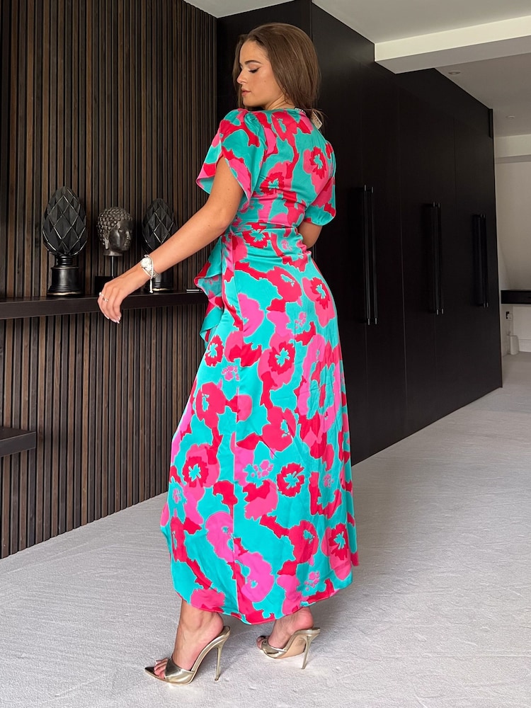 Girl In Mind Blue Rena Floral Split Hem Frill Detail Maxi Dress - Image 2 of 4