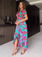 Girl In Mind Blue Rena Floral Split Hem Frill Detail Maxi Dress - Image 3 of 4