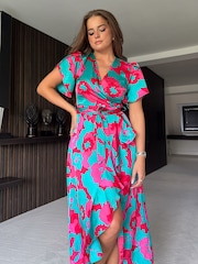 Girl In Mind Blue Rena Floral Split Hem Frill Detail Maxi Dress - Image 4 of 4