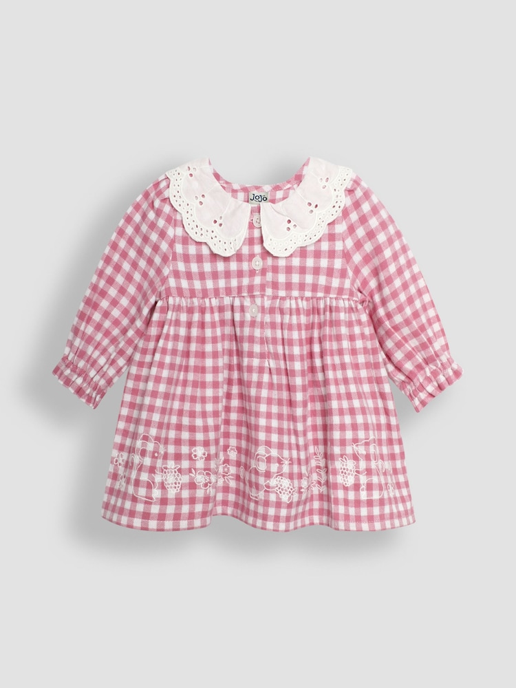 JoJo Maman Bébé Pink Mouse Embroidered Gingham Baby Dress & Tights Set - Image 1 of 5