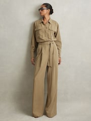 Reiss Khaki Liliana Petite Lyocell Wide Leg Jumpsuit - Image 1 of 7