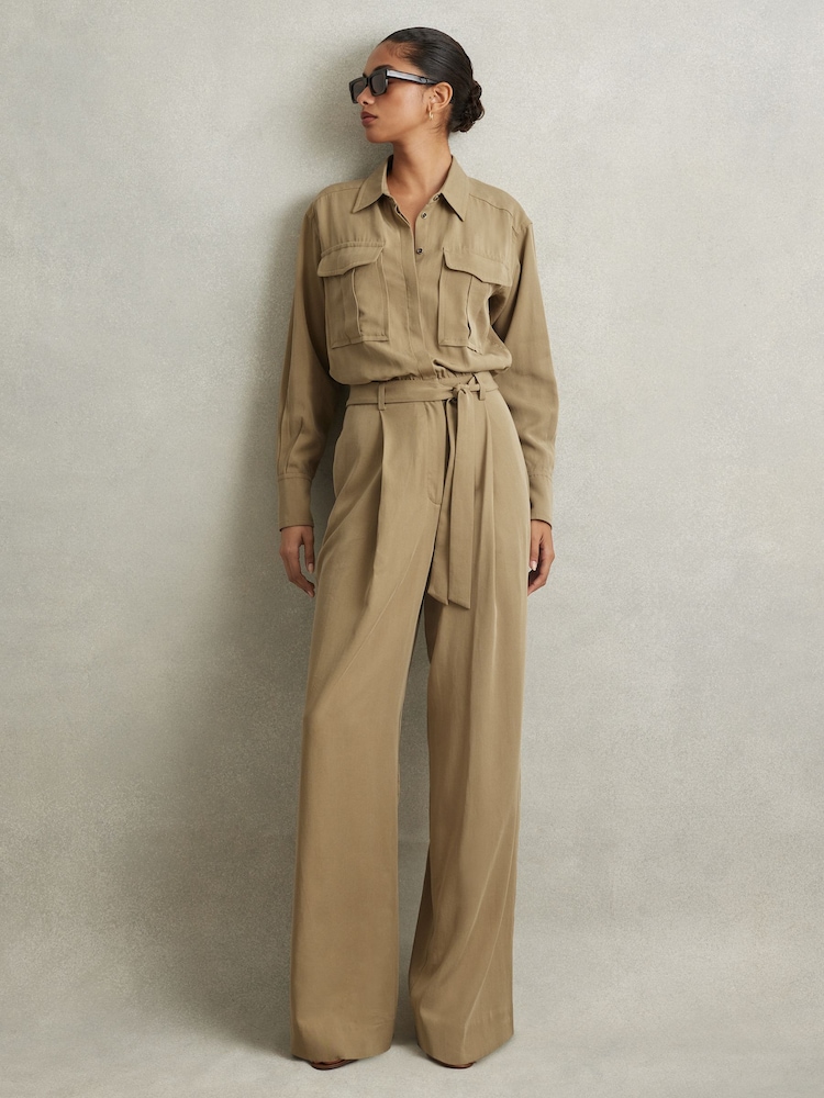 Reiss Khaki Liliana Petite Lyocell Wide Leg Jumpsuit - Image 1 of 7 Reiss Khaki Liliana Petite Lyocell Wide Leg Jumpsuit - Image 1 of 7
