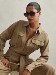 Reiss Khaki Liliana Petite Lyocell Wide Leg Jumpsuit - Image 3 of 7