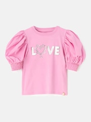 Angel & Rocket Pink Heidi Puff Sleeve Love Diamanté Top - Image 3 of 5