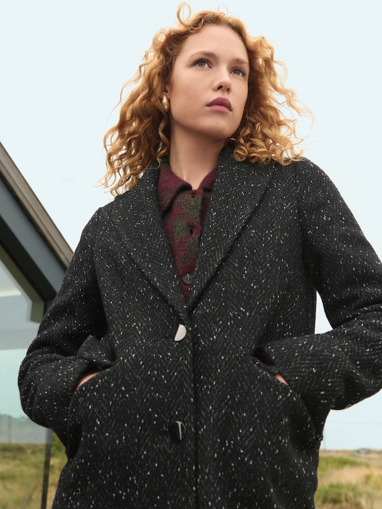 Black Textured Revere Collar Coat - Image 4 of 10