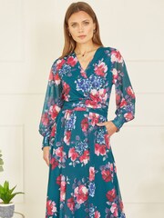 Yumi Green Floral Print Stretch Mesh Dress With Pockets - Image 1 of 5