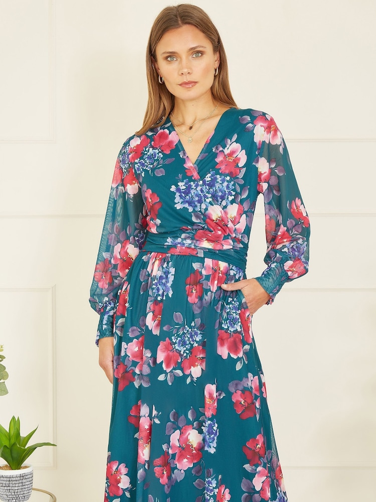 Yumi Green Floral Print Stretch Mesh Dress With Pockets - Image 1 of 5