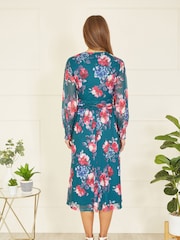 Yumi Green Floral Print Stretch Mesh Dress With Pockets - Image 2 of 5