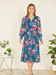 Yumi Green Floral Print Stretch Mesh Dress With Pockets - Image 3 of 5